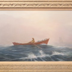 杰拉尔德•泰伯油画“老盐红色平底小渔船”,右下角泰伯1969年签署。