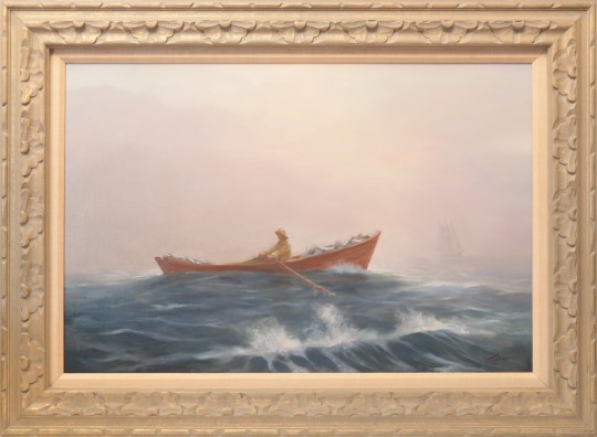 杰拉尔德•泰伯油画“老盐红色平底小渔船”,右下角泰伯1969年签署。