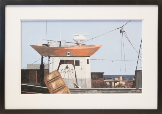 约翰·奥斯汀蛋彩画在船上“橙色平底小渔船”
